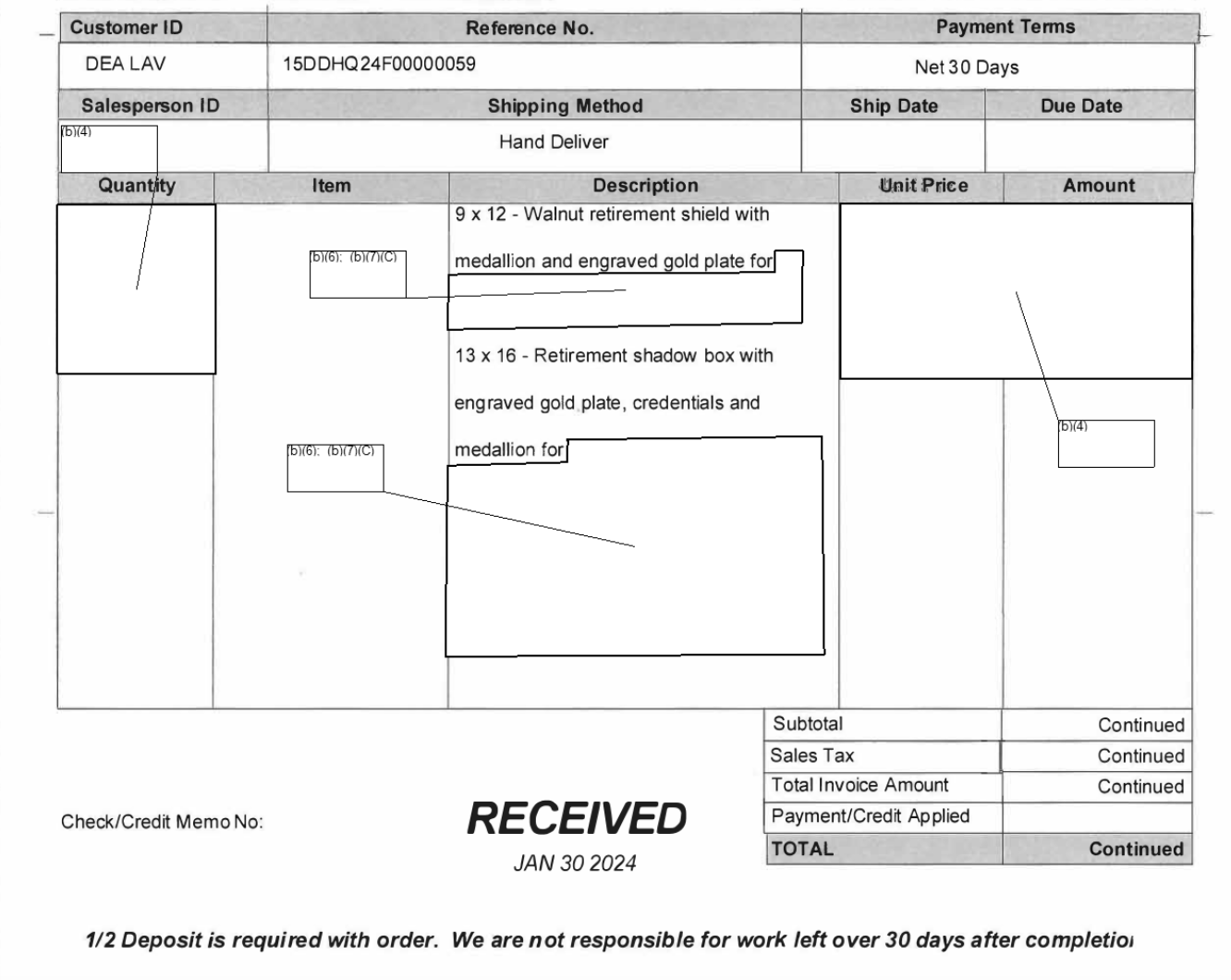 A screenshot of an invoice for a walnut retirement shield and some other items.