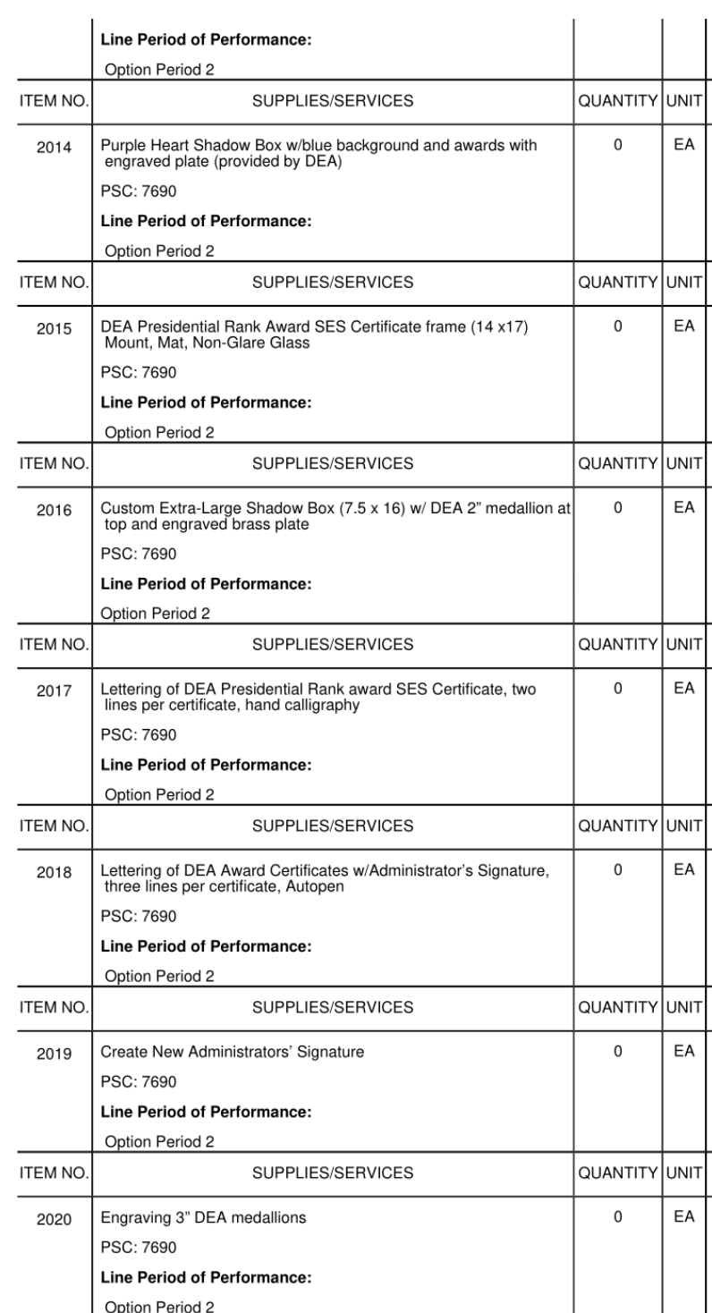 A screenshot of an invoice for a Purple Heart shadow box and some other items.