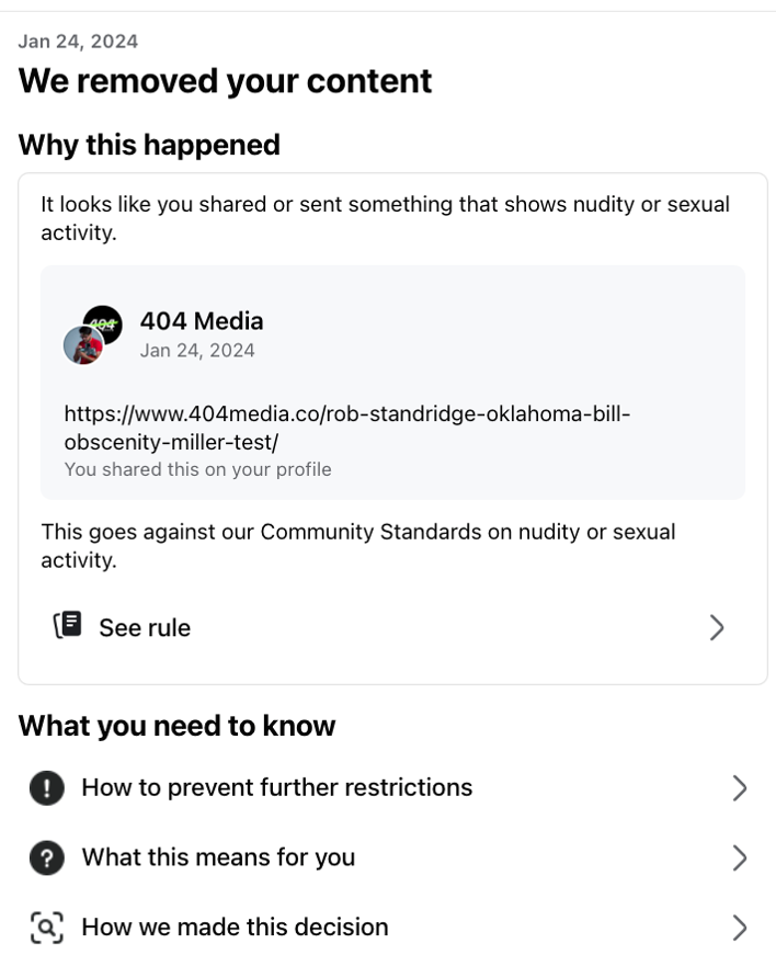 Facebook Is Censoring 404 Media Stories About Facebook's Censorship