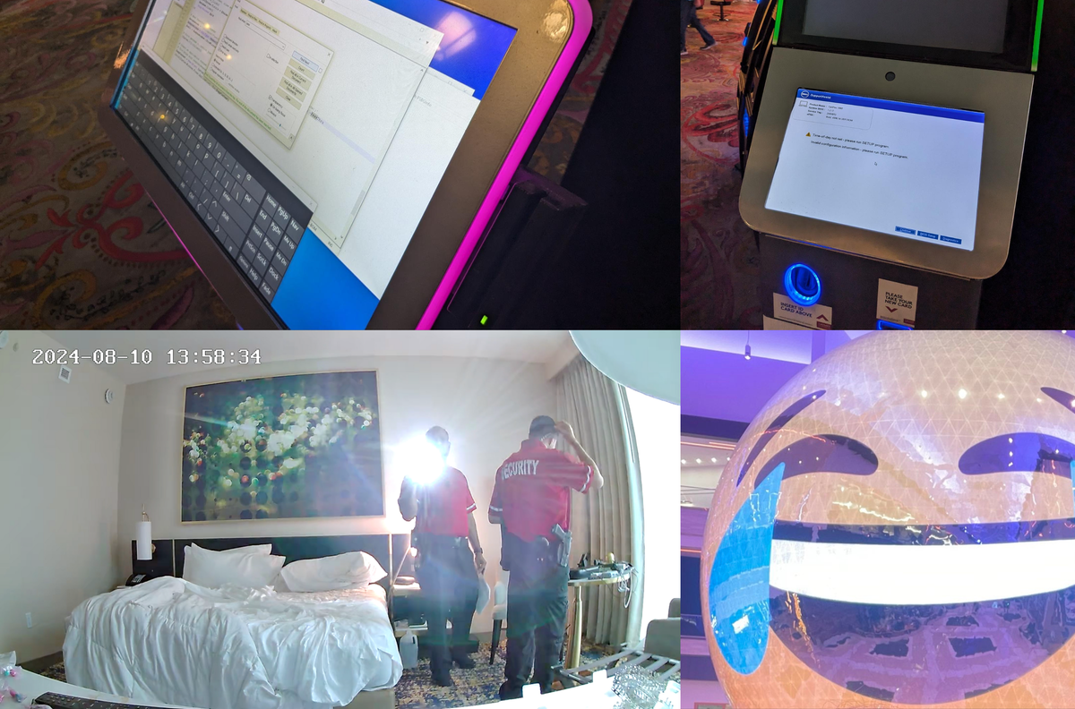 Photos of hacked casino machines, the mini sphere, and hotel security searching a room.