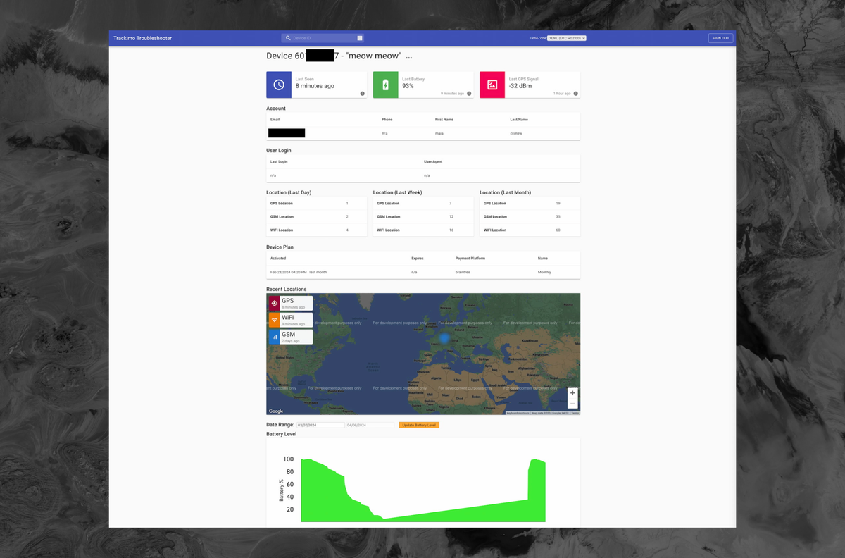 A screenshot of the Trackimo panel showing location data.