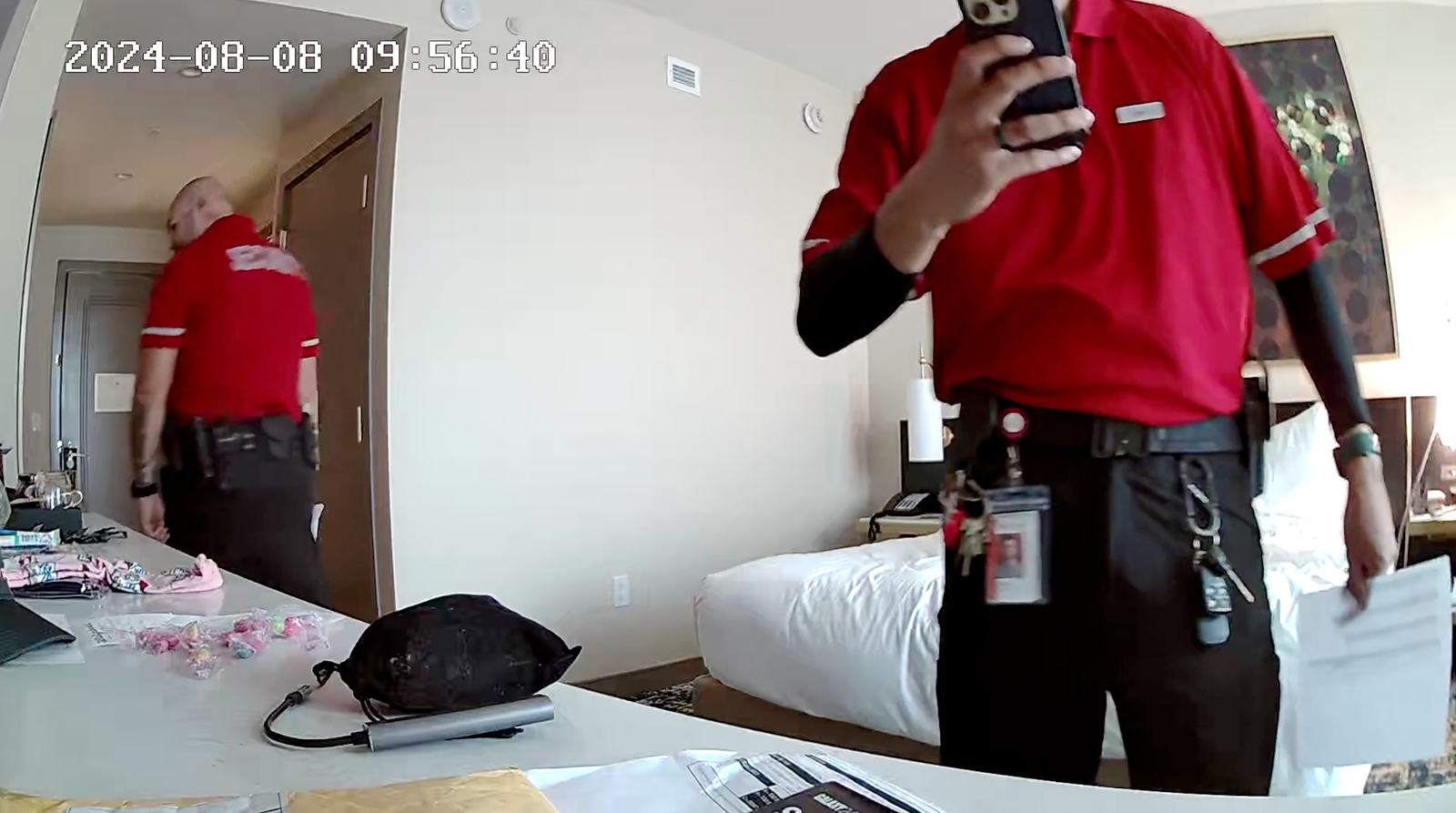 A still from a video filmed inside a hotel room.