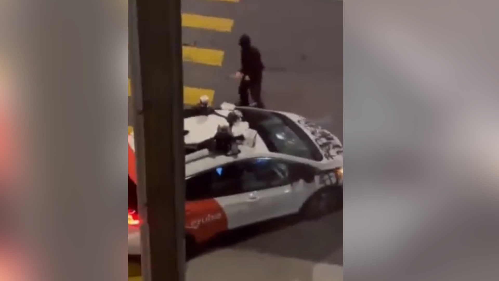 The Cruise robotaxi was bashed with a hammer and spray painted. The suspect is at large.