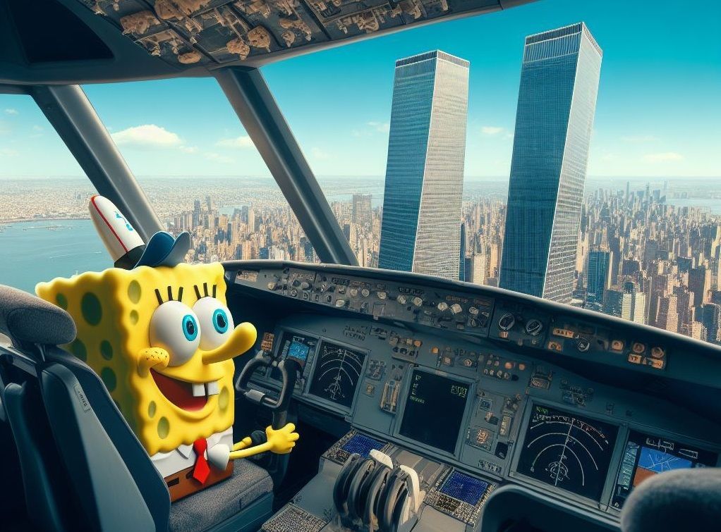 “spongebob sitting in the cockpit of a plane, flying toward two tall skyscrapers made by Bing Image Creator